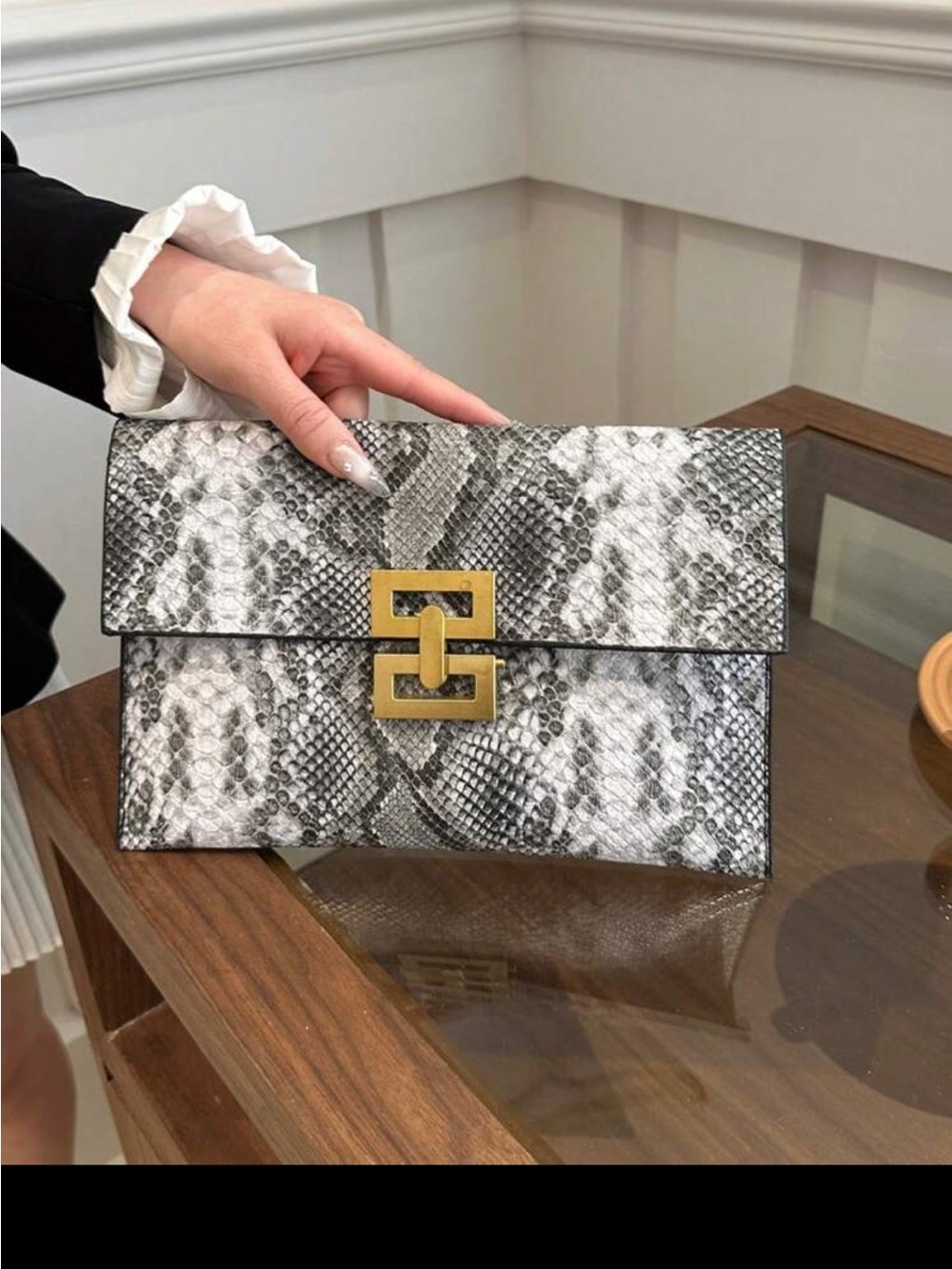 Snake-Print Envelope Clutch in Black & White with Gold Hardware, New